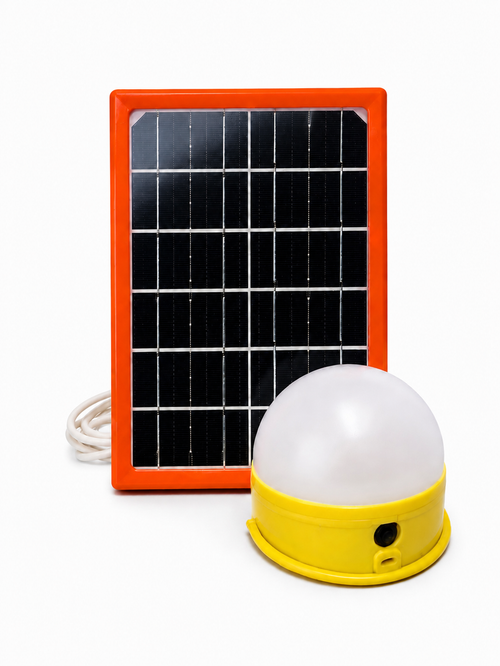 A solar-powered LED light kit featuring a rectangular solar panel with an red frame and a dome-shaped white LED light with a yellow base, shown on a white background.
